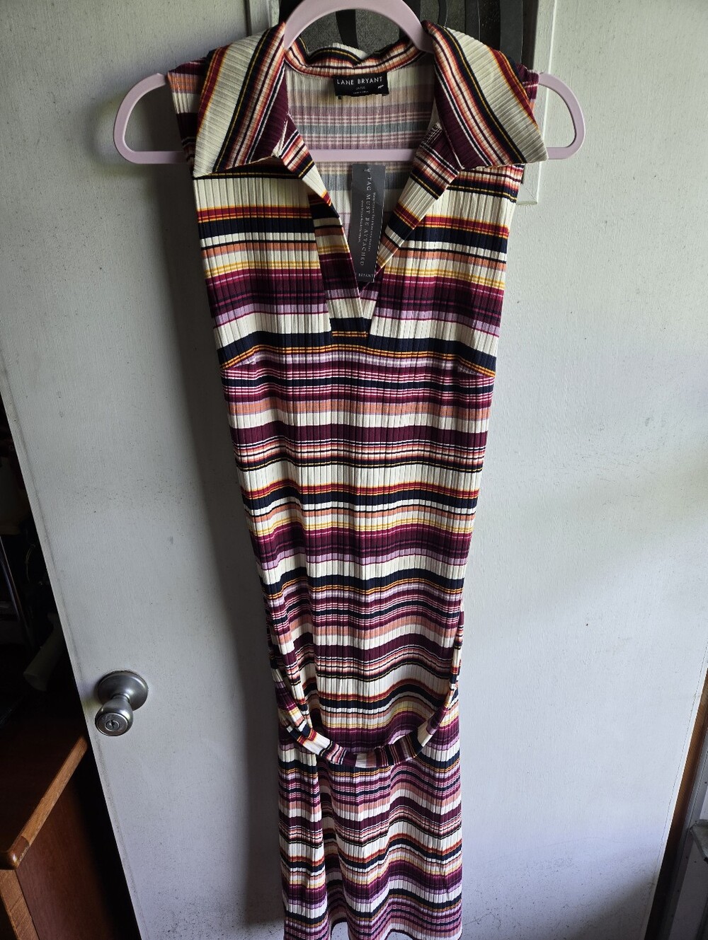 Lane Bryant Striped Collared Sleeveless Knit Dress in Burgundy, Cream & Black NW